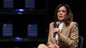 Former U.S. Vice President Kamala Harris speaks at the Wiltern Theatre on September 29, 2025 in Los Angeles, California. Harris is in the midst of a 15-city book tour following the release of her new book “107 Days,” recounting her presidential campaign against President Donald Trump. 