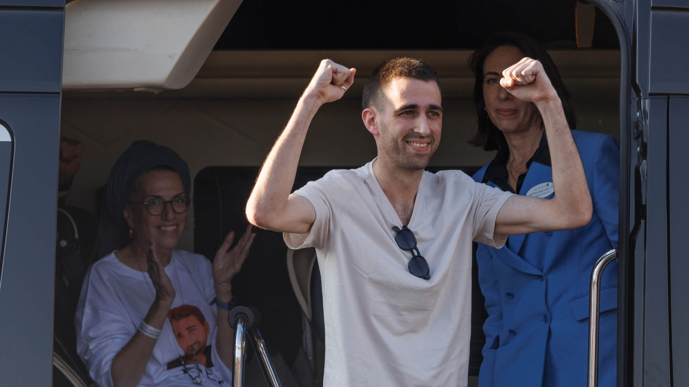 Former Israeli hostage Avinatan Or gestures as he arrives at the Beilinson hospital in Petach Tikva, near Tel Aviv, Israel, on Oct. 13.