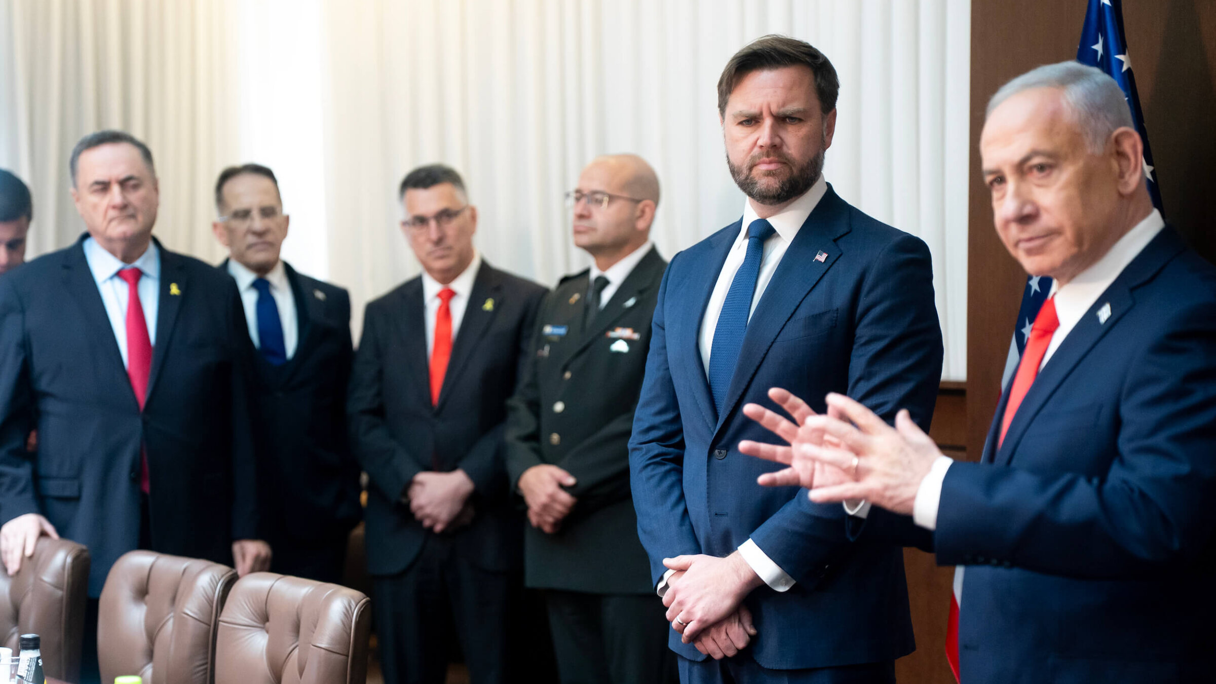 Vice President JD Vance listens as Israeli Prime Minister Benjamin Netanyahu speaks during a meeting at the Prime Minister's Office in Jerusalem, Israel on Oct. 22.