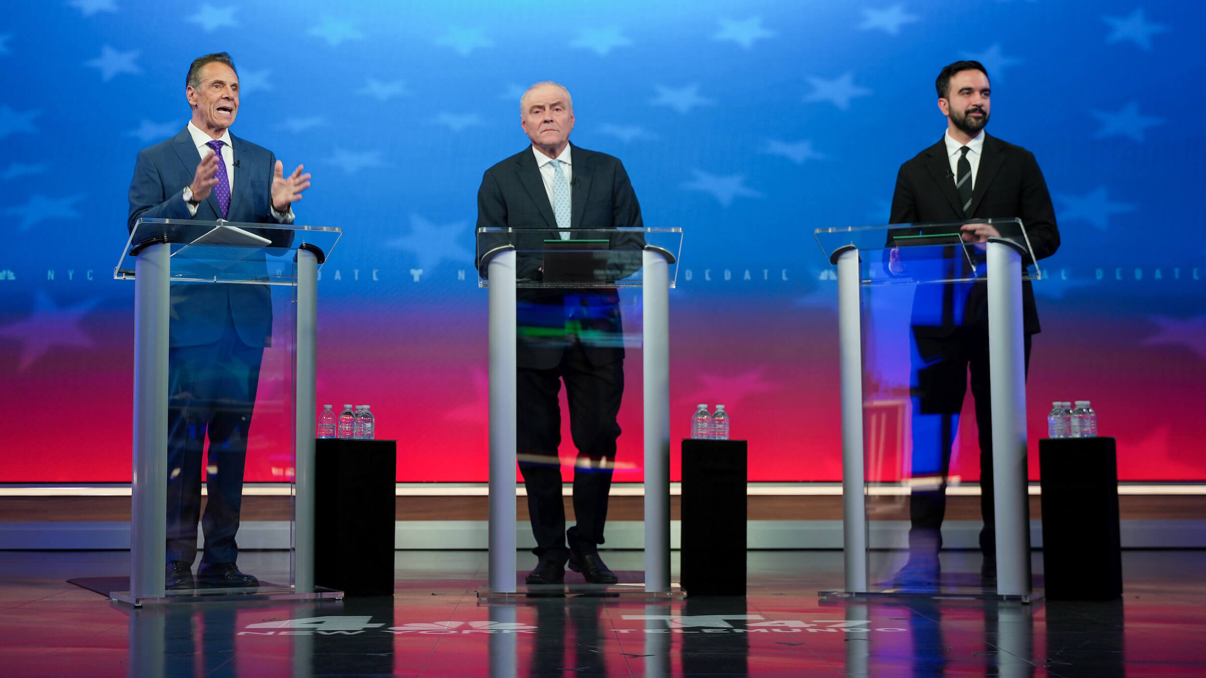 New York City mayoral candidates Andrew Cuomo, Curtis Sliwa and Zohran Mamdani during a debate on Oct. 16.
