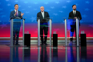New York City mayoral candidates Andrew Cuomo, Curtis Sliwa and Zohran Mamdani during a debate on Oct. 16.