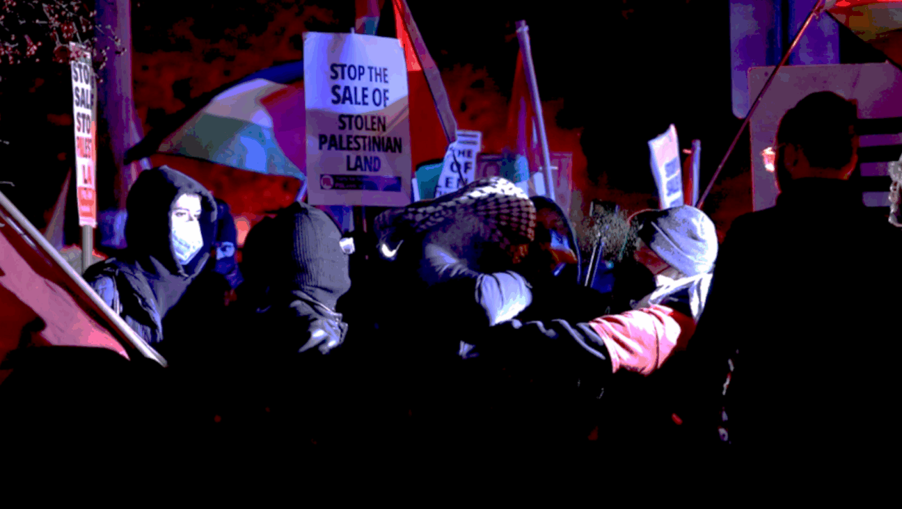 A confrontation between pro-Palestinian protestors and Jewish congregants at Congregation Ohr Torah on Nov. 13, 2024.