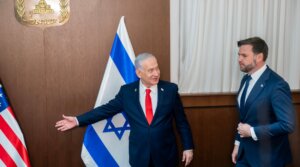 Vice President JD Vance and Israel’s Prime Minister Benjamin Netanyahu arrive ahead of a meeting at the Prime Minister’s Office in Jerusalem, Israel on Wednesday, October 22, 2025.