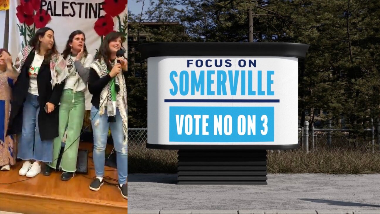 Somerville for Palestine supporters celebrate a projected win for Question 3, a non-binding resolution imploring the Boston suburb to divest from companies that do business with Israel, Nov. 4, 2025 (left); a still from an ad opposing the measure paid for by a local Jewish group. 