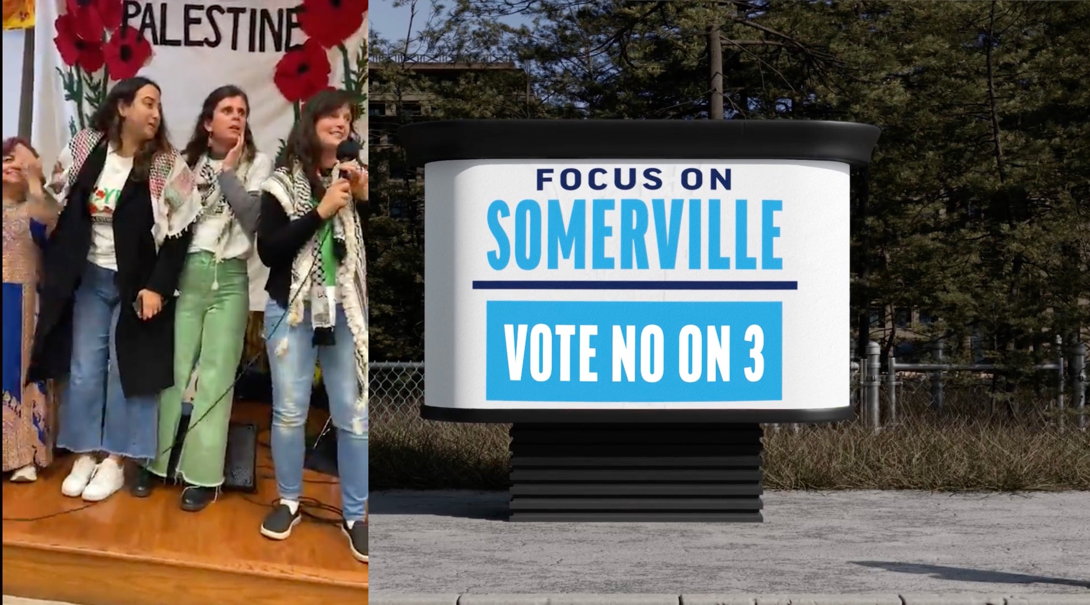Somerville for Palestine supporters celebrate a projected win for Question 3, a non-binding resolution imploring the Boston suburb to divest from companies that do business with Israel, Nov. 4, 2025 (left); a still from an ad opposing the measure paid for by a local Jewish group.