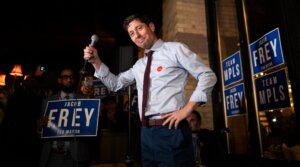 Minneapolis Mayor Jacob Frey speaks at an Election Night party on November 4, 2025 in Minneapolis, Minnesota. Frey, the incumbent, seeks reelection to his third term while opposed by three other Democrats. 