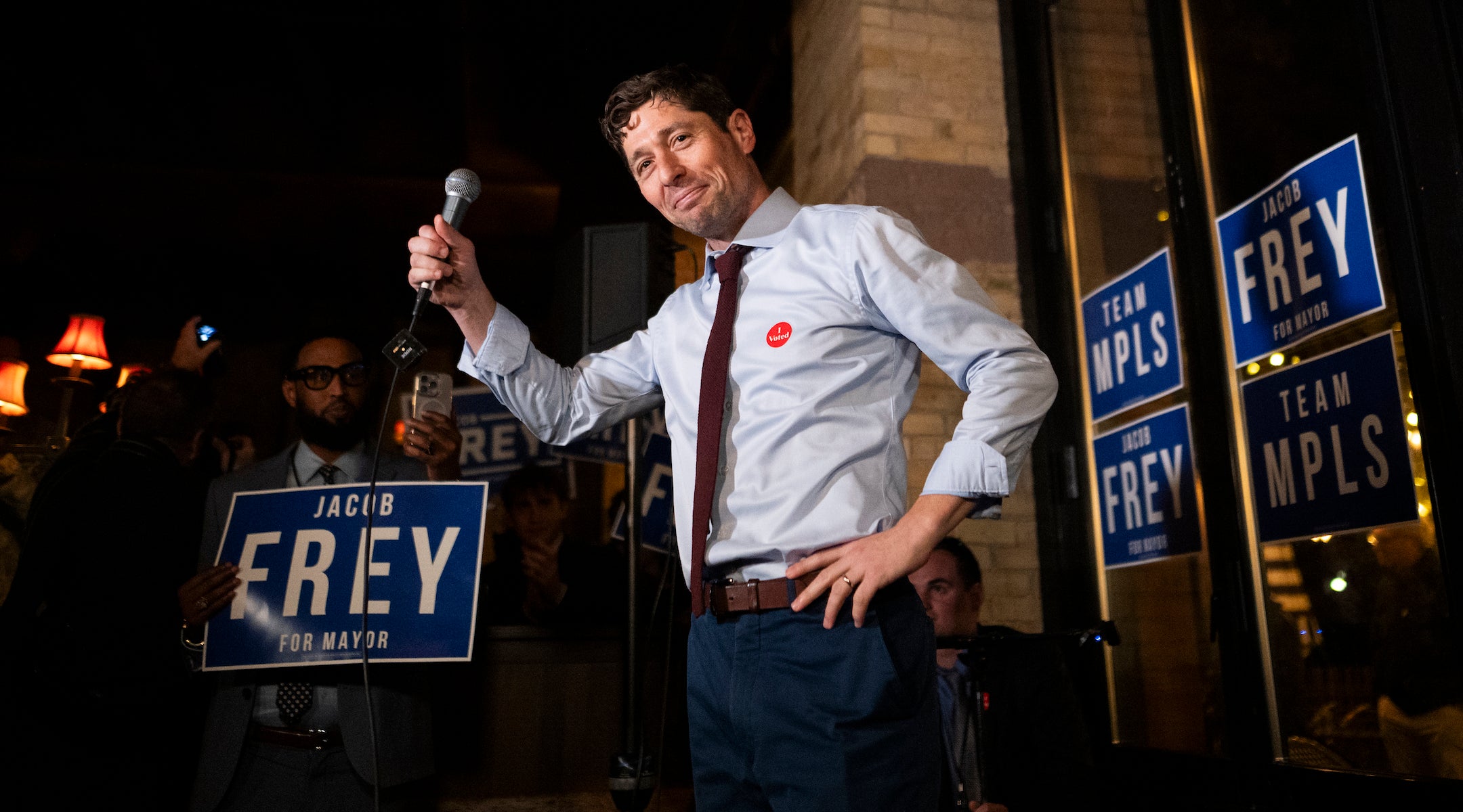 Minneapolis Mayor Jacob Frey speaks at an Election Night party on November 4, 2025 in Minneapolis, Minnesota. Frey, the incumbent, seeks reelection to his third term while opposed by three other Democrats.