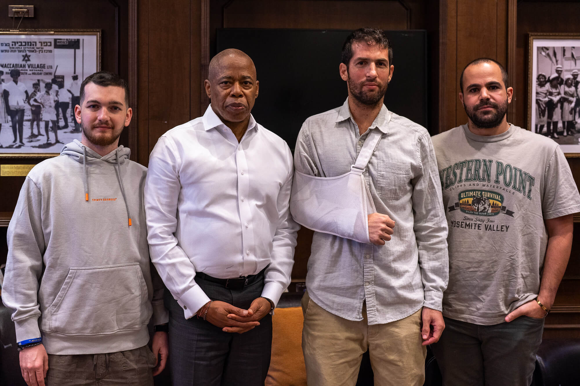New York City Mayor Eric Adams meets with freed Israeli hostages, left to right: Bar Kuperstein, Adams, Sagi Dekel-Chen and Yarden Bibas on November 16, 2025.