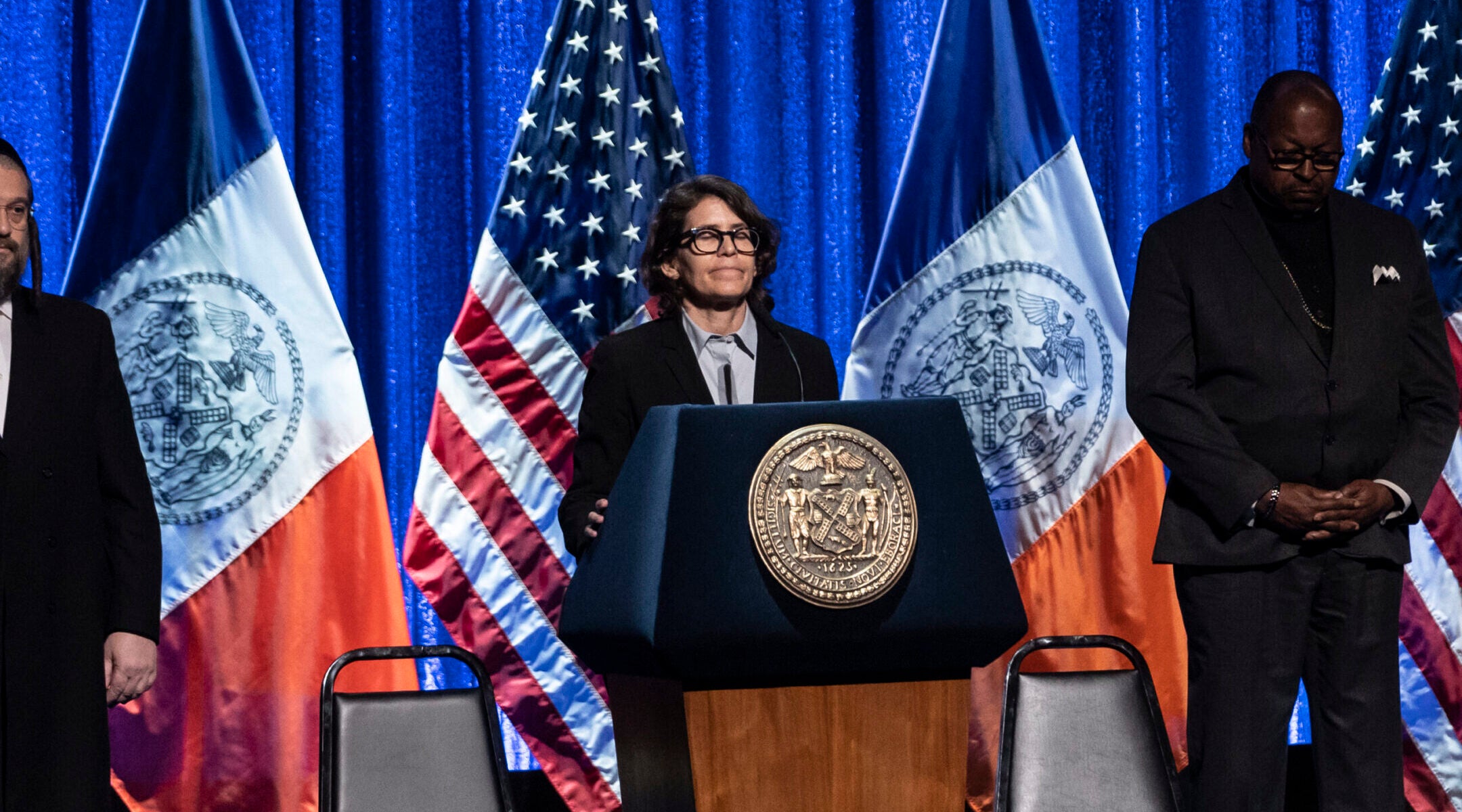Rabbi Rachel Timoner delivers an invocation before Mayor Eric Adams delivers State of the City address at Kings Theatre in Brooklyn, New York, April 26, 2022.