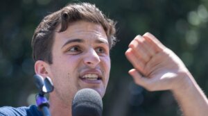 Cameron Kasky speaks at the March for Our Lives protest on June 11, 2022 in Los Angeles, California.