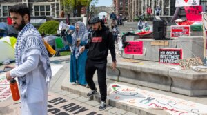 Students and others at City College of New York participate in a pro-Palestinian encampment on their West Harlem campus on April 26, 2024.