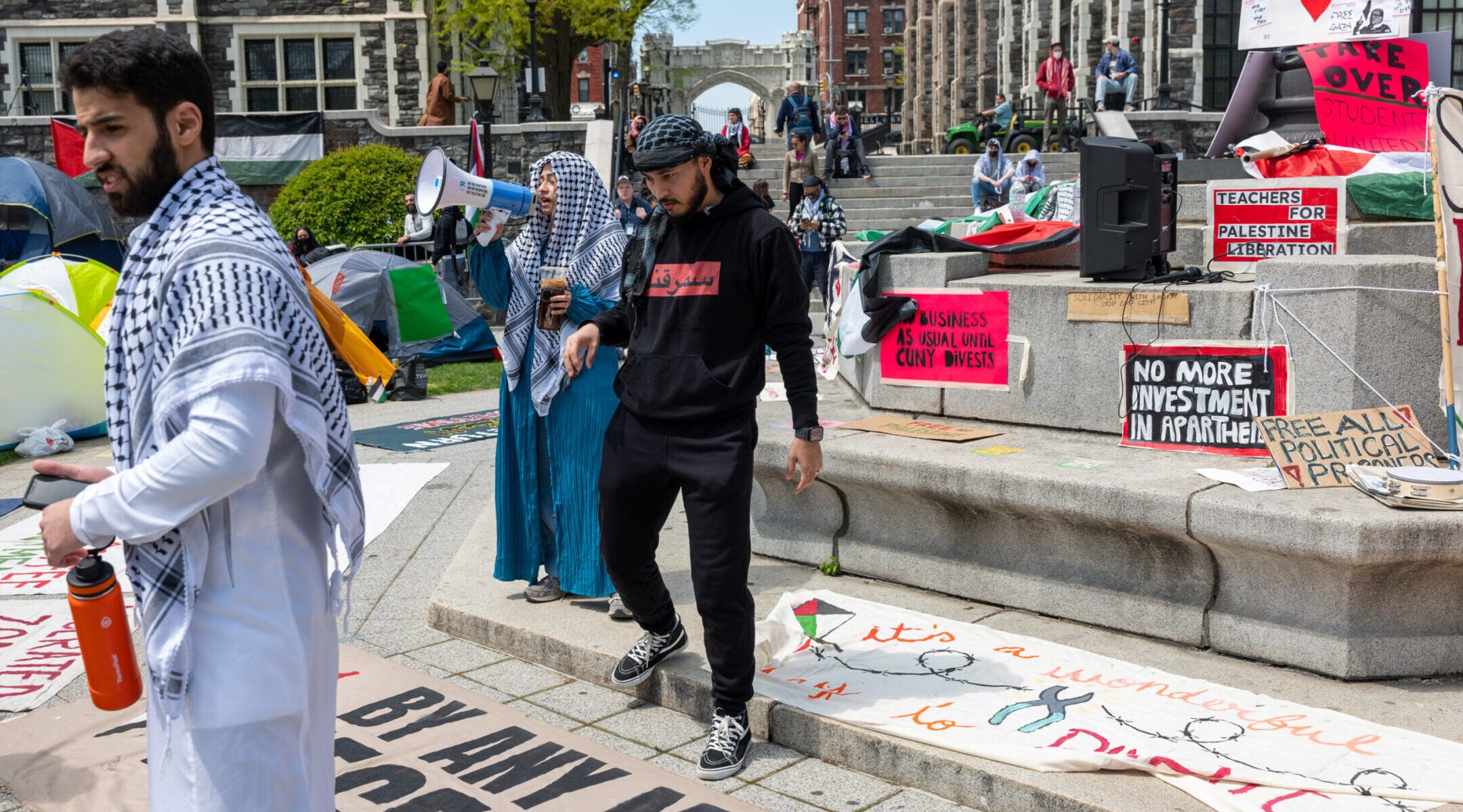 Students and others at City College of New York participate in a pro-Palestinian encampment on their West Harlem campus on April 26, 2024.