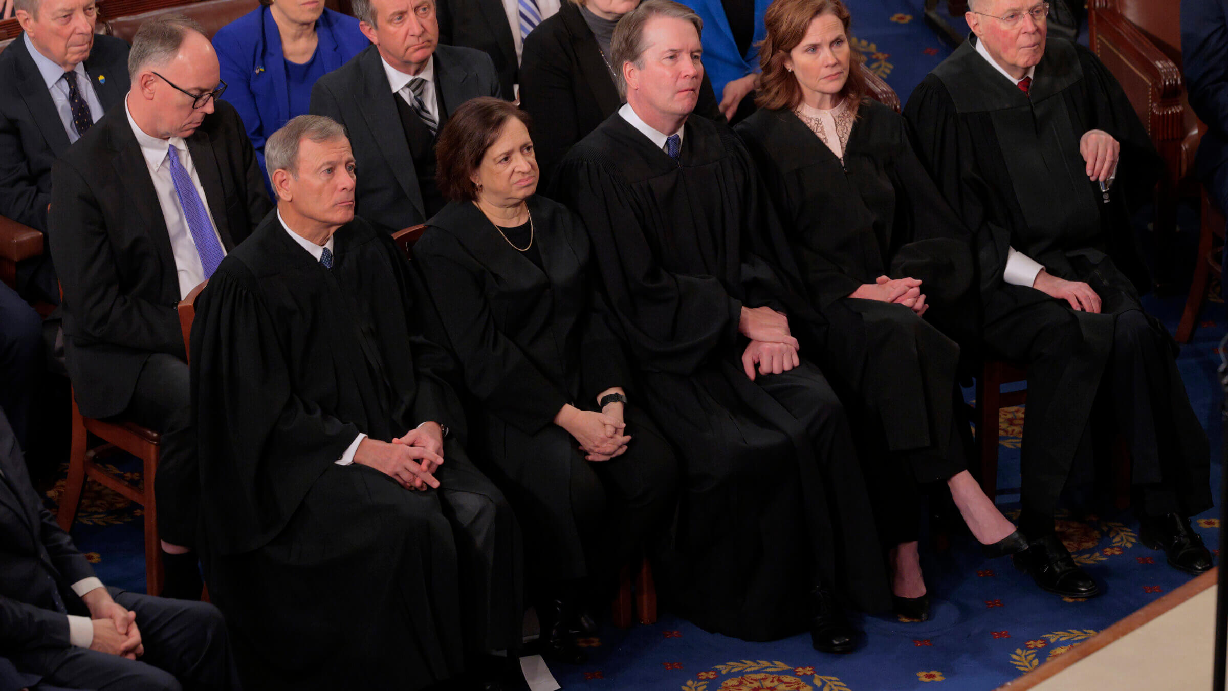 Chief Justice of the Supreme Court John Roberts, Justice Elena Kagan, Justice Brett Kavanaugh, Justice Amy Coney Barrett, and retired Justice Anthony Kennedy attend Donald Trump's address to a joint session of Congress.