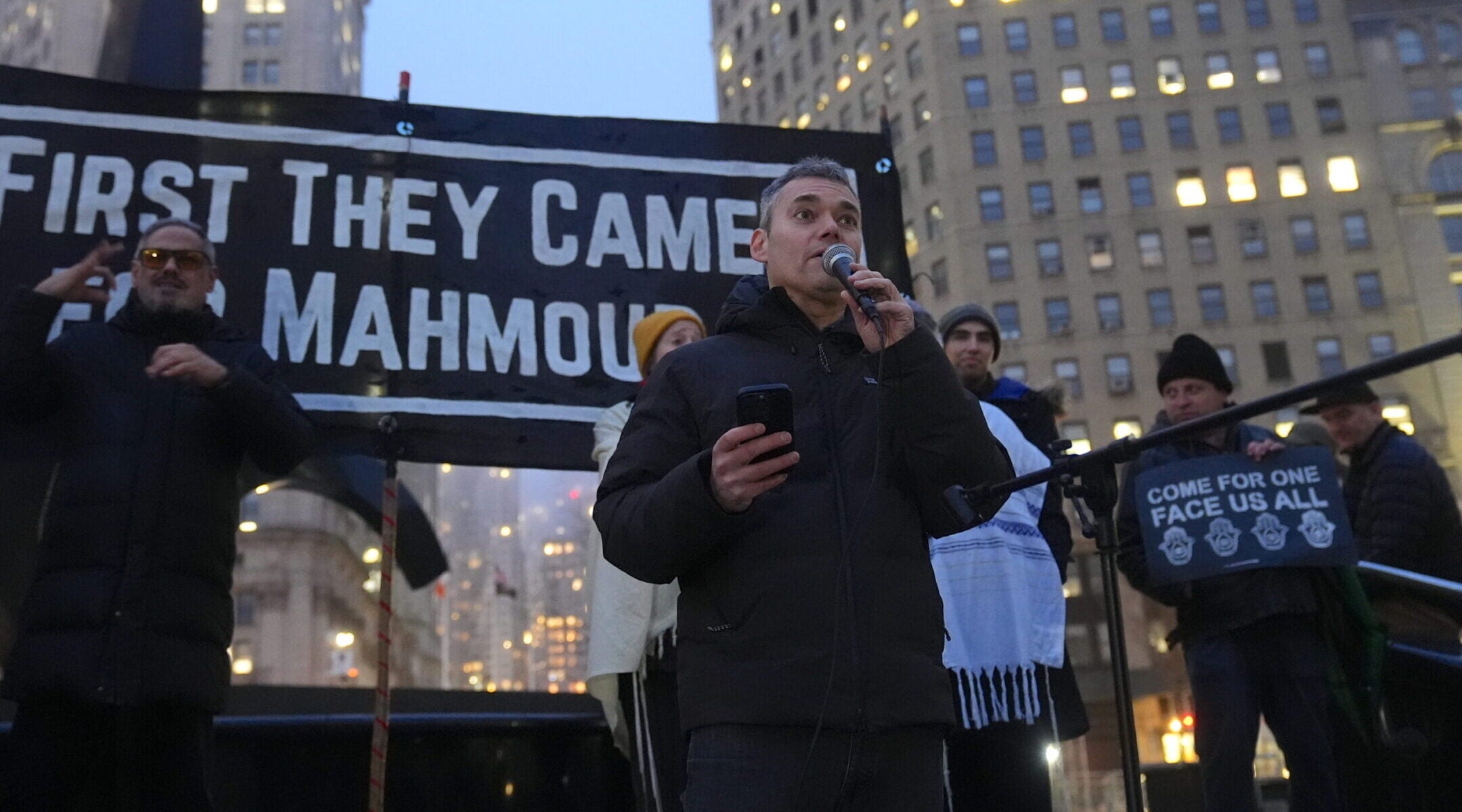 A Jewish-American liberal columnist, journalist, Peter Beinart attends and speaks at the rally as pro-Palestinian Jewish Americans gather at an emergency rally to release Palestinian green card holder and Columbia University graduate Mahmoud Khalil, New York City, March 20, 2025.