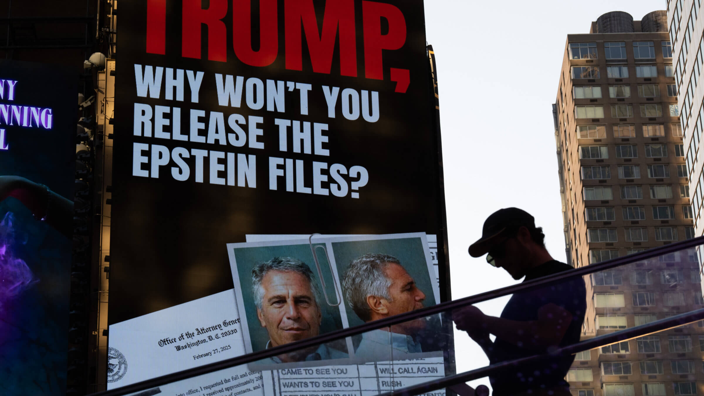 A billboard in Times Square calls for the release of the Epstein files on July 23, 2025.