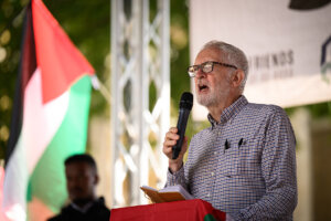 Former Labour Party leader Jeremy Corbyn addresses attendees at the National March for Palestine on July 19, 2025 in London.