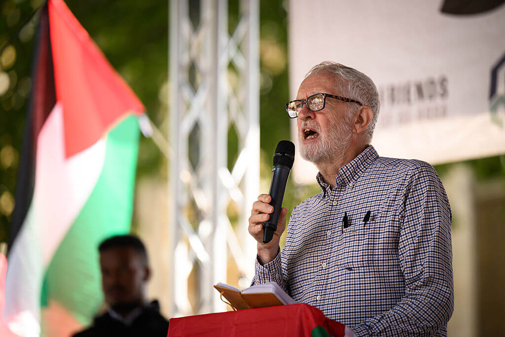 Former Labour Party leader Jeremy Corbyn addresses attendees at the National March for Palestine on July 19, 2025 in London.