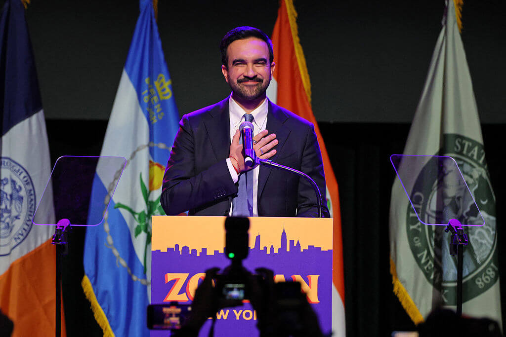 New York City Mayoral candidate Zohran Mamdani celebrates during an election night event at the Brooklyn Paramount Theater in Brooklyn, New York on November 4, 2025. 