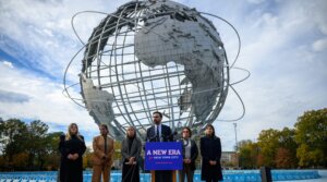 Mayor-elect of New York City Zohran Mamdani stands alongside members of his transition team at the Unisphere in Flushing Meadows Corona Park, Queens, Nov. 5, 2025. 