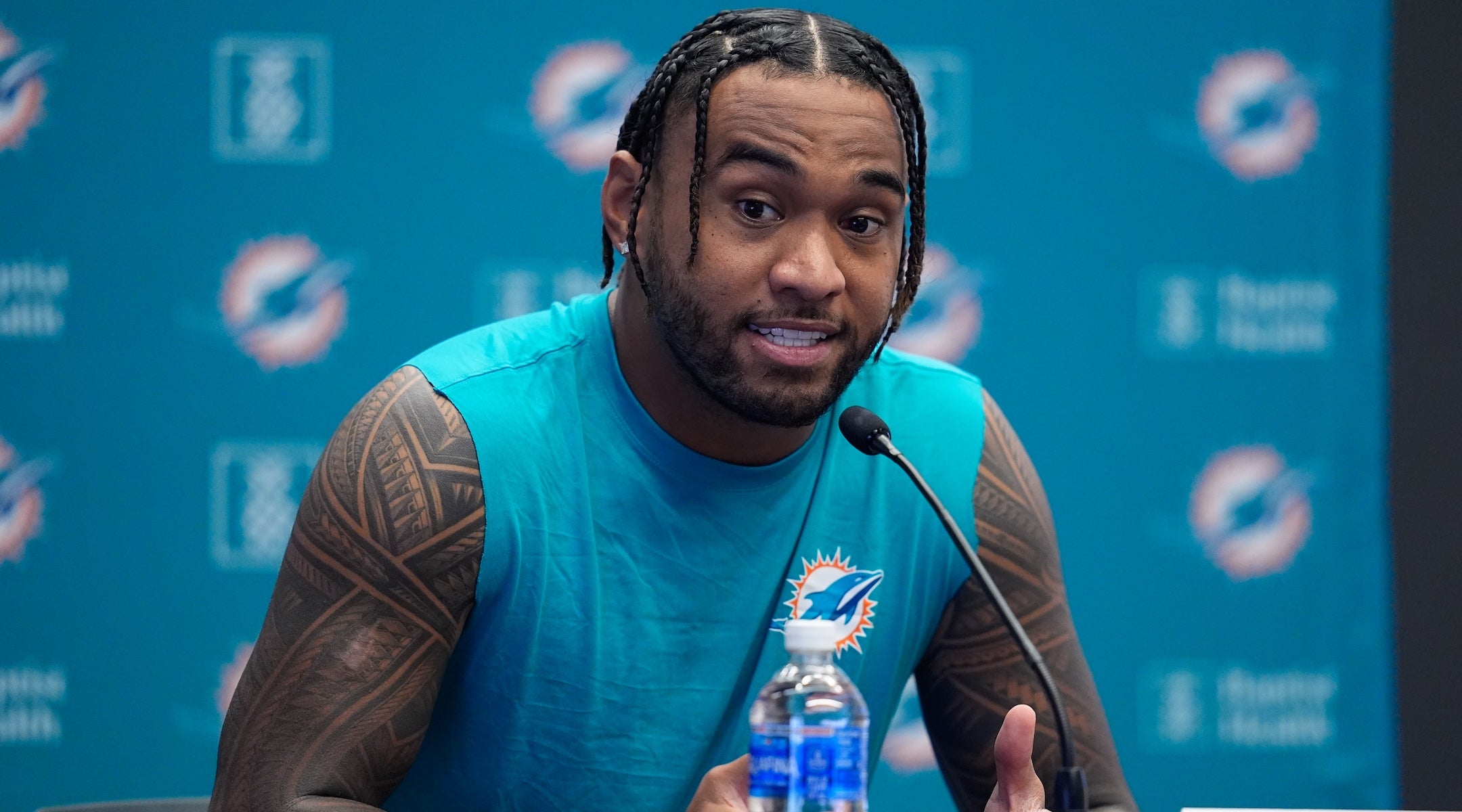 Tua Tagovailoa of the Miami Dolphins attends his press conference during their training day ahead the NFL’s first ever game in Madrid, Spain, Nov. 12, 2025. 