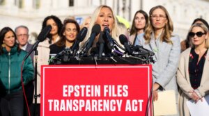 Rep. Marjorie Taylor Greene, the Georgia Republican, speaks during a news conference with survivors of convicted sex offender Jeffrey Epstein outside the U.S. Capitol, Nov. 18, 2025.