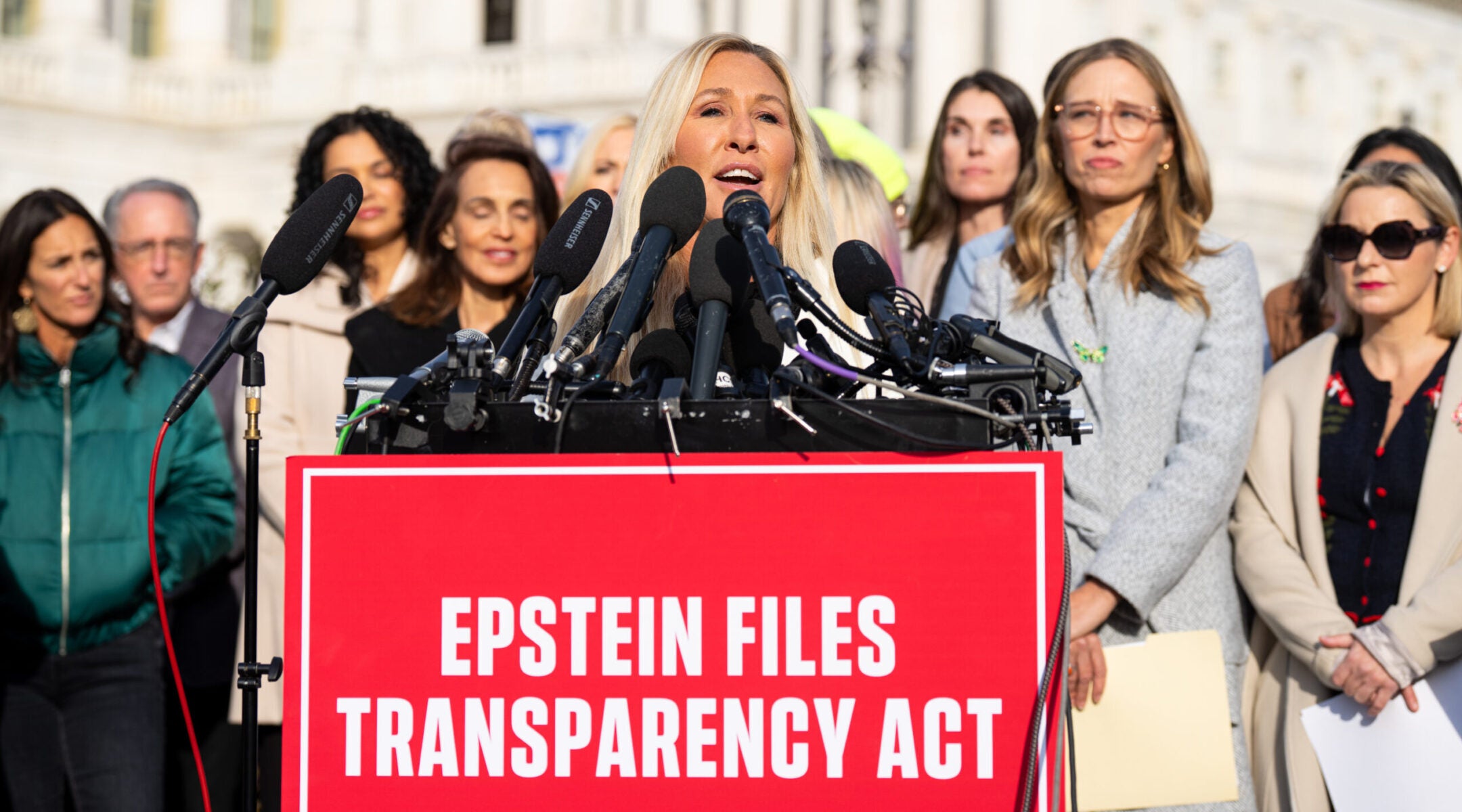 Rep. Marjorie Taylor Greene, the Georgia Republican, speaks during a news conference with survivors of convicted sex offender Jeffrey Epstein outside the U.S. Capitol, Nov. 18, 2025.