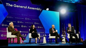 Author Sarah Hurwitz appears on a panel at the annual General Assembly of the Jewish Federations of North America, alongside, from left, Eric Fingerhut, JFNA’s president and CEO; Israeli author Micah Goodman, and Richard Marceau of Canada’s Centre for Israel and Jewish Affairs, Washington, D.C., Nov. 16, 2025. 