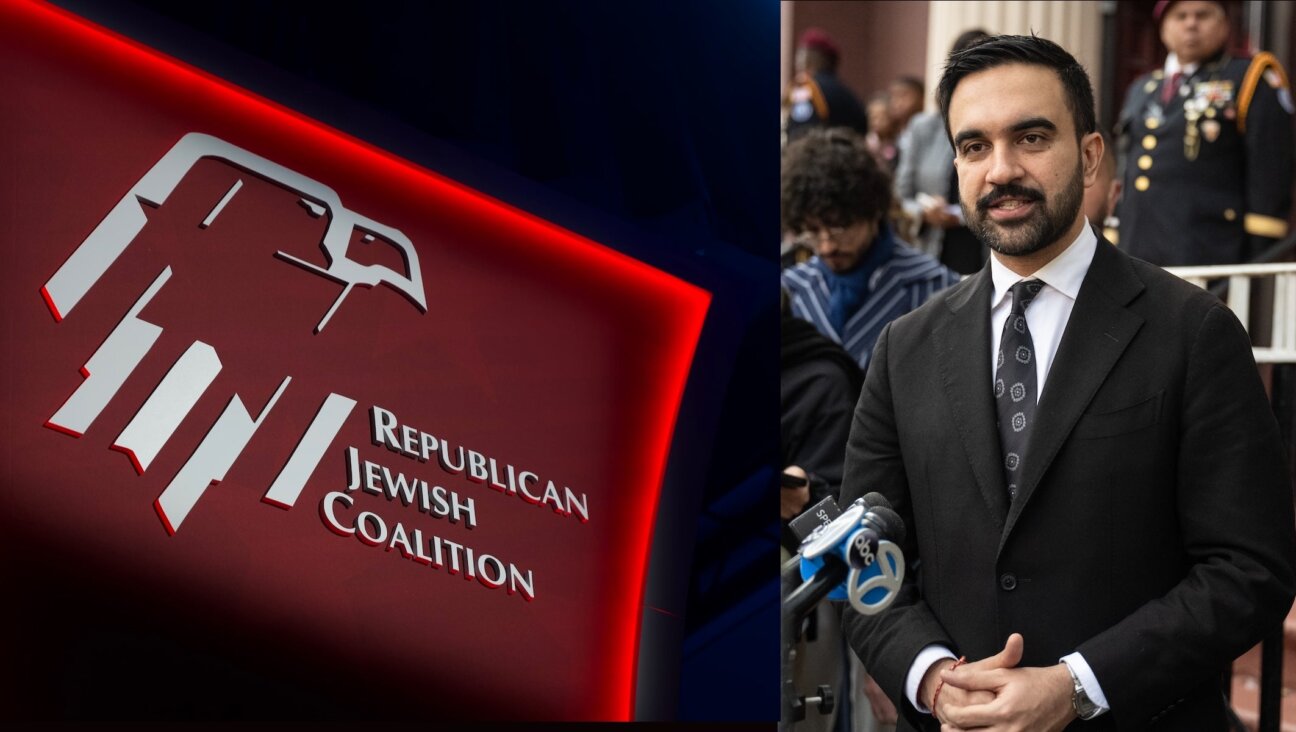 A sign for the Republican Jewish Coalition convention in Las Vegas, Nov. 1, 2025. (Joseph Strauss); NYC mayoral candidate Zohran Mamdani campaigns in Brooklyn, Nov. 1, 2025.