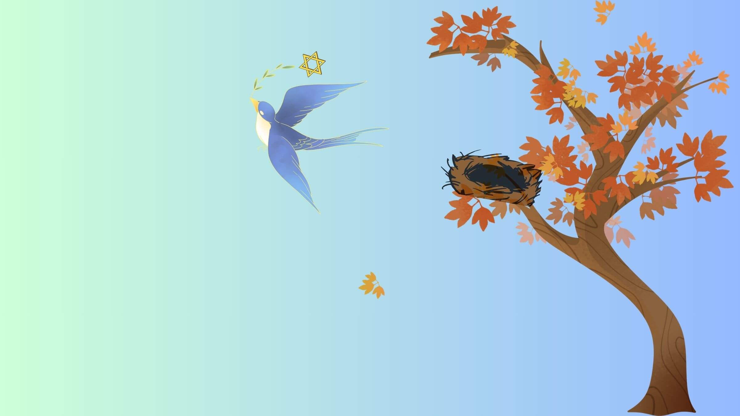 A baby bird towing a Star of David leaves an empty nest.