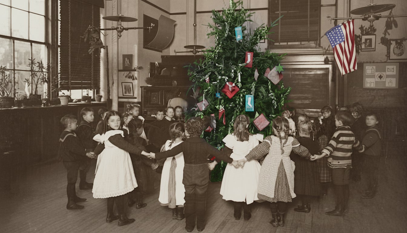 Children hold hands around a Christmas tree in a New York City school, circa. 1900.