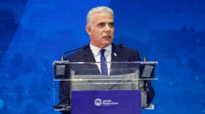 Former Israeli Prime Minister Yair Lapid speaks at the Jewish Federations of North America General Assembly in Tel Aviv on April 24, 2023. 