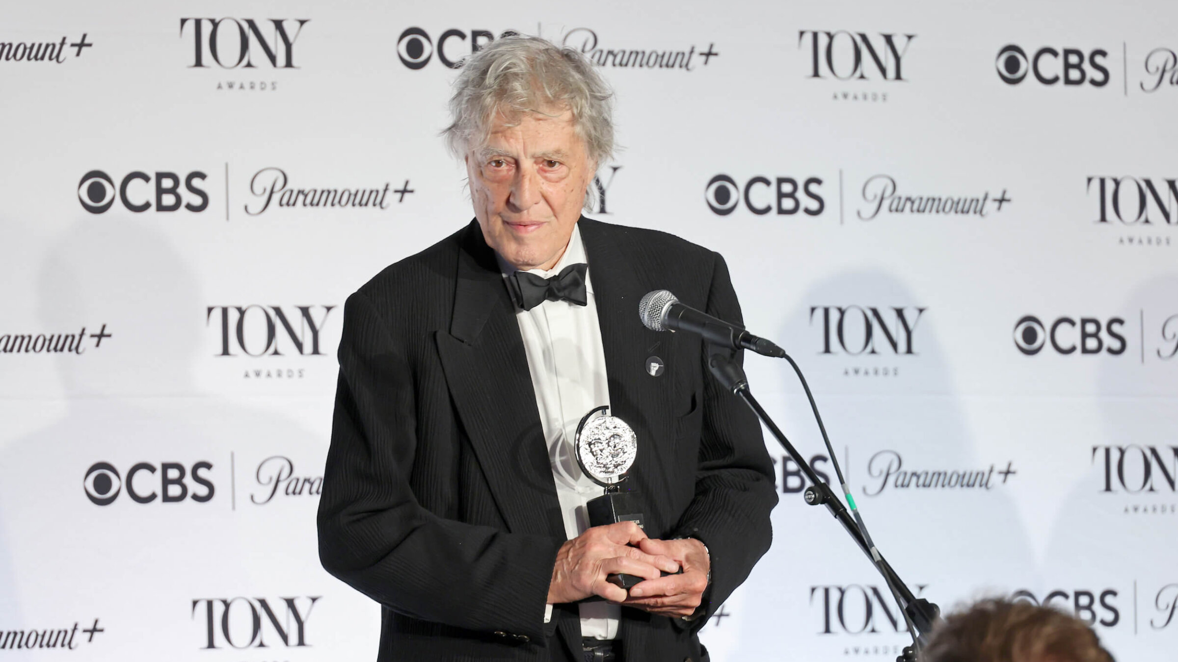 Tom Stoppard speaks in the press room during the Tony Awards on June 11, 2023, after winning the award for Best Play for "Leopoldstadt."