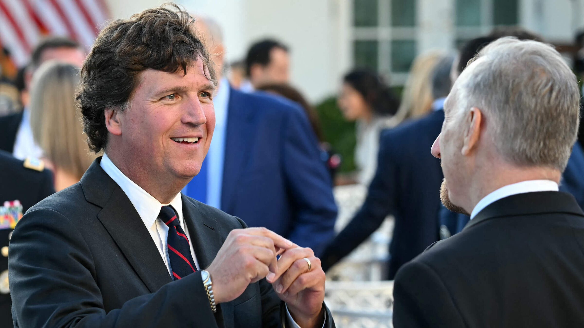 Tucker Carlson at the Medal of Freedom Ceremony for the late right-wing activist Charlie Kirk in the Rose Garden of the White House on Oct. 14.