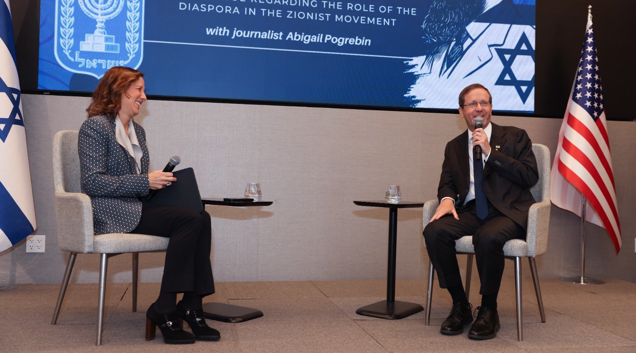 Israeli President Isaac Herzog in conversation with author and journalist Abigail Pogrebin on Dec. 8, 2025, at the Biennial National Assembly of the American Zionist Movement (AZM) in New York City.