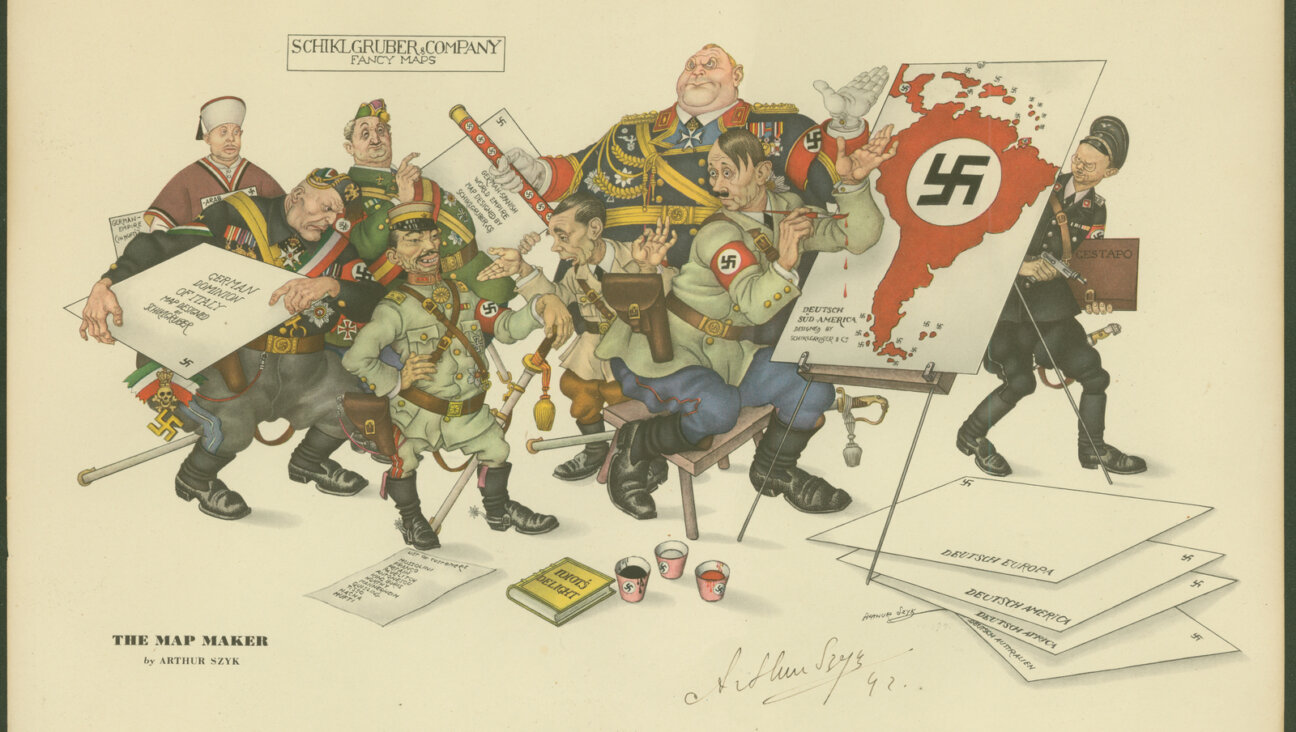 The Map Maker," a 1942 political cartoon by Arthur Szyk, depicts Hitler and other fascist figures including Joseph Goebbels and Mussolini.