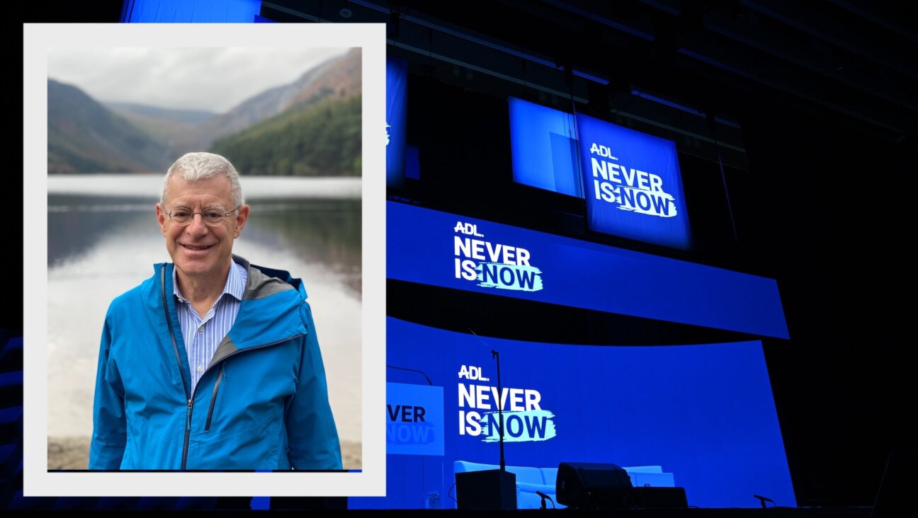 Inset: Joe Berman resigned from the Anti-Defamation League in March 2025. (Courtesy Berman); Background: A view during the ADL Never Is Now Summit on March 3, 2025, in New York City.