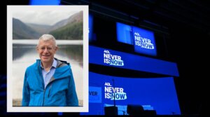 Inset: Joe Berman resigned from the Anti-Defamation League in March 2025. (Courtesy Berman); Background: A view during the ADL Never Is Now Summit on March 3, 2025, in New York City.