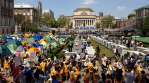 Columbia University faculty members protect students in the Pro-Palestinian “Gaza Solidarity Encampment” on April 29, 2024 in New York City.