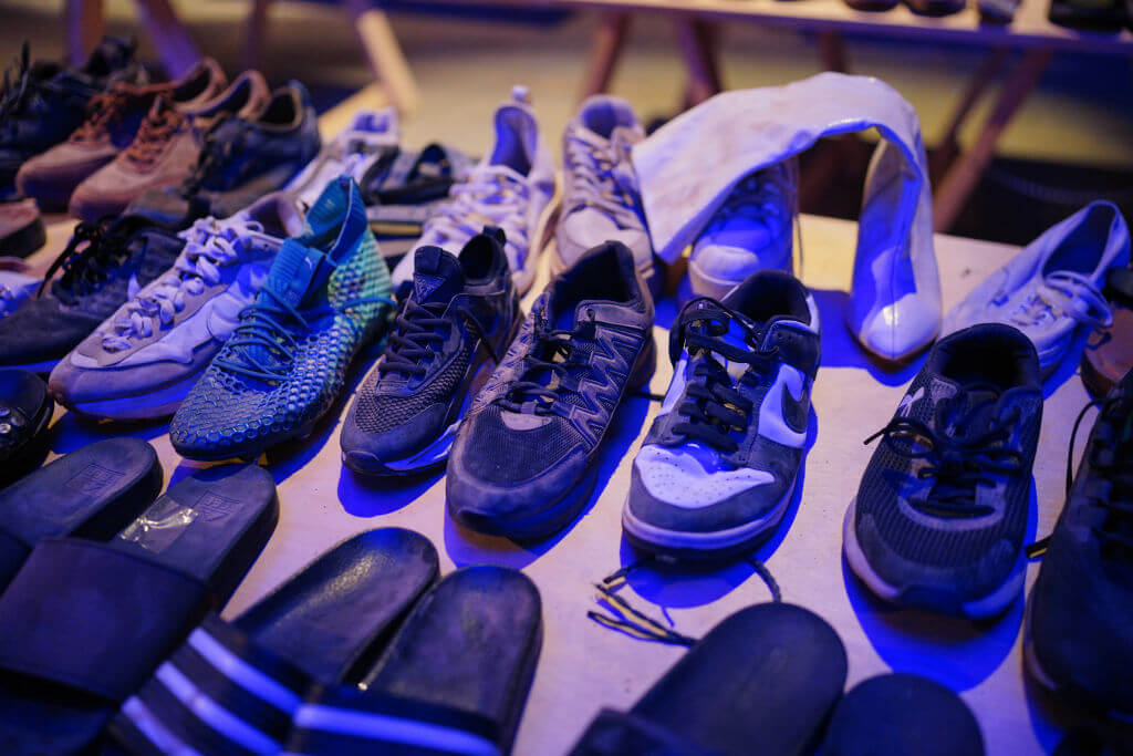 A table of shoes at the Nova Music Festival Exhibition in Los Angeles in Sep. 2024.