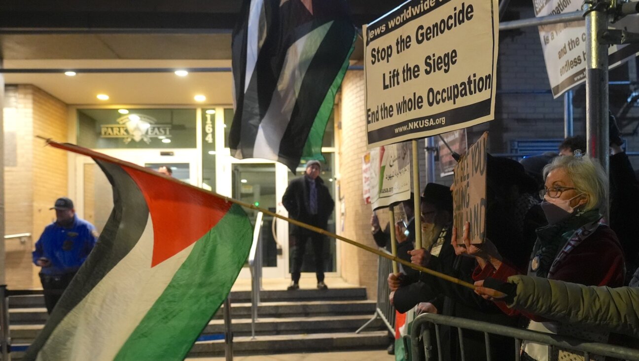 Pro-Palestinians protesters outside Park East Synagogue in Manhattan, during an Israeli immigration event hosted by Nefesh B’Nefesh, Nov. 19, 2025. 