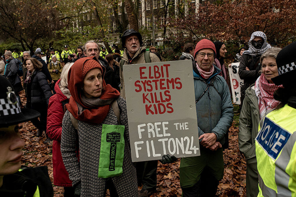 Protesters in London display denounce Elbit Systems on November 22, 2025.