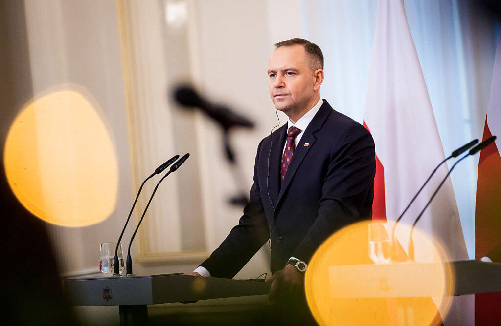 Poland's President Karol Nawrocki at a news conference in Latvia on December 11.