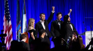Conservative political activist Jack Posobiec and New York Young Republican Club President Stefano Forte hold up rosaries at the New York Young Republican Club’s 113th Annual Gala at Cipriani Wall Street, Dec. 13, 2025, New York City. 