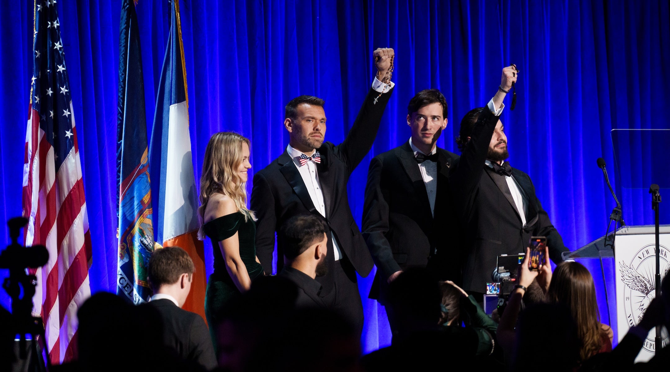 Conservative political activist Jack Posobiec and New York Young Republican Club President Stefano Forte hold up rosaries at the New York Young Republican Club’s 113th Annual Gala at Cipriani Wall Street, Dec. 13, 2025, New York City.