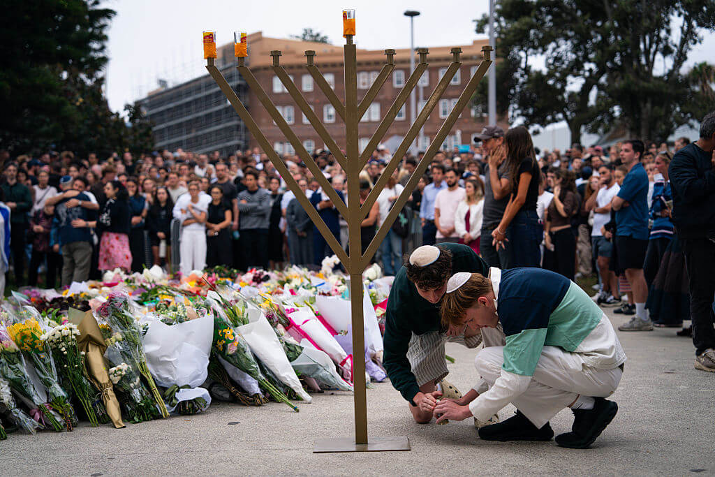 Community members gather outside of Bondi Pavilion at Bondi Beach on December 15, 2025 in Sydney, Australia.