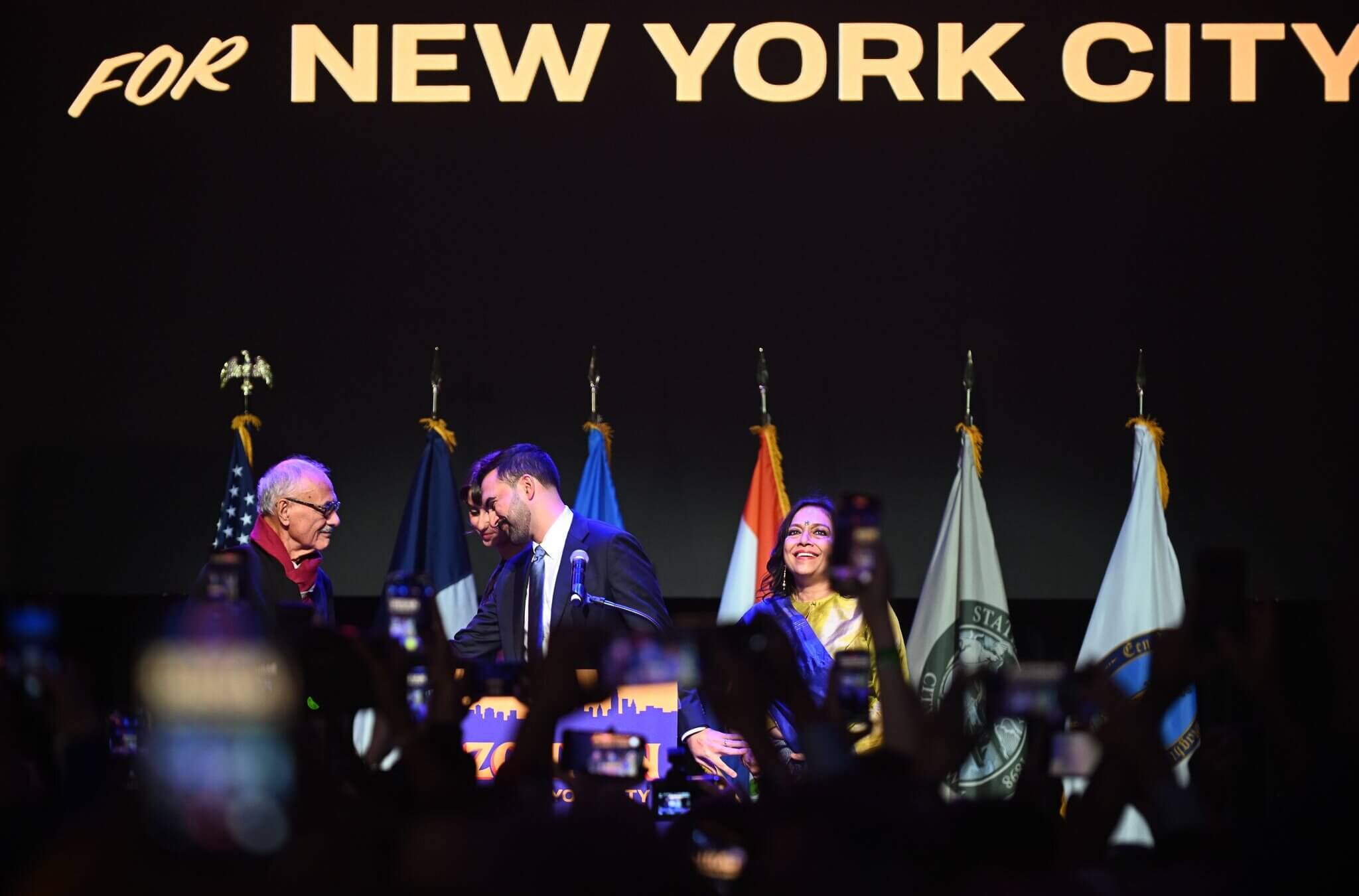 Columbia professor Mahmood Mamdani greets his son New York City Mayor-elect Zohran Mamdani at his election night victory party on Nov. 4. 