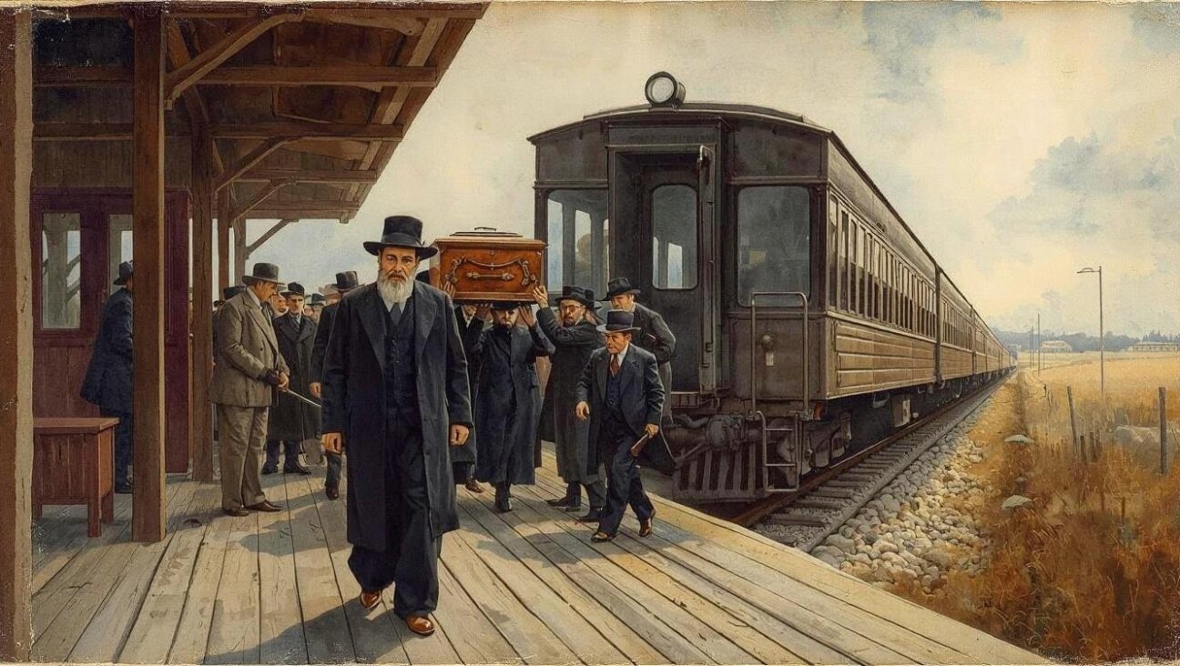 An AI-generated image of mourners loading a coffin onto a train.