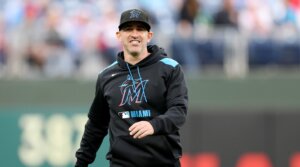 Alon Leichman, former assistant pitching coach for the Miami Marlins, looks on before a game against the Philadelphia Phillies at Citizens Bank Park on April 18, 2025 in Philadelphia, Pennsylvania.