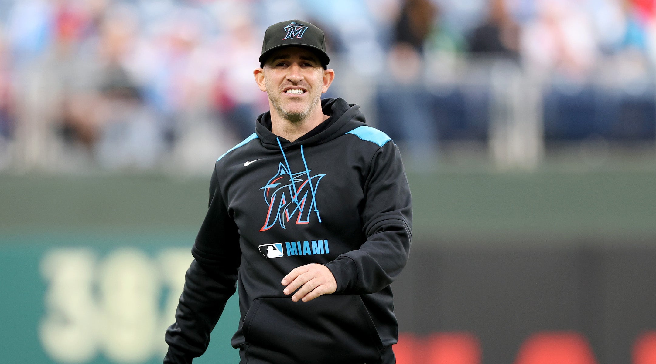 Alon Leichman, former assistant pitching coach for the Miami Marlins, looks on before a game against the Philadelphia Phillies at Citizens Bank Park on April 18, 2025 in Philadelphia, Pennsylvania.