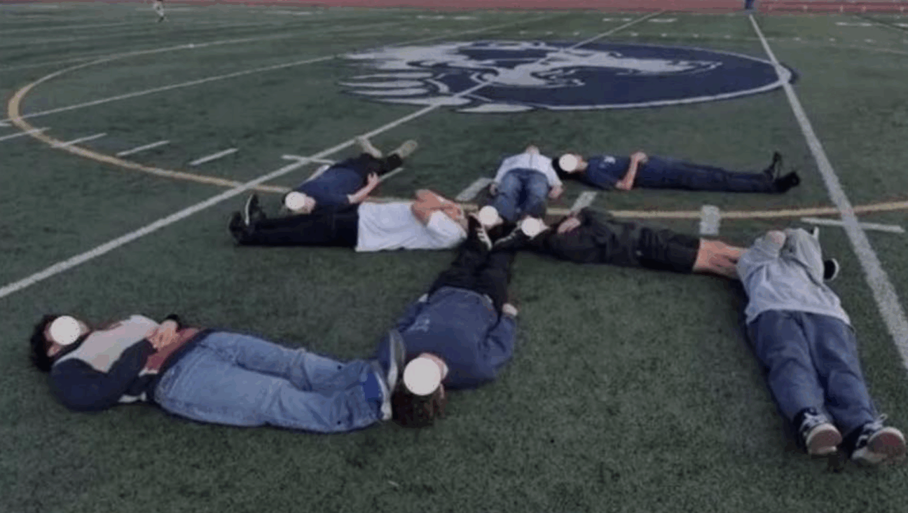Students at Branham High School in San Jose, California form a “human swastika” on the school’s football field. 